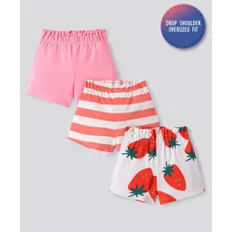Bonfino 100% Cotton Knit Above Knee Length Shorts With Stripes and Fruit Print Pack of 3 - White & Pink-picture-34