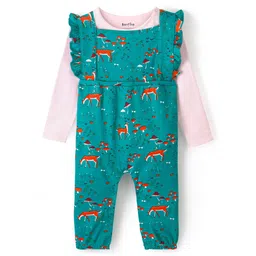 Bonfino 100% Cotton Knit Deer Print Dungaree & Full Sleeves Solid Inner Tee Set - Green & Pink-picture-11