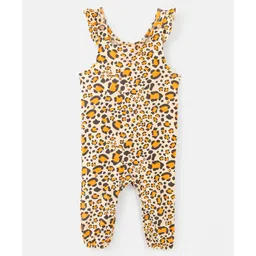 Bonfino 100% Cotton Knit Dungaree Style Romper with Full Sleeves T-Shirt Leopard Print - Beige & White image 2