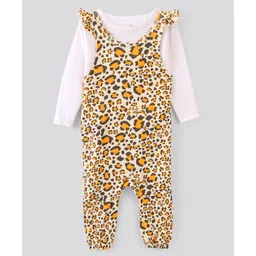 Bonfino 100% Cotton Knit Dungaree Style Romper with Full Sleeves T-Shirt Leopard Print - Beige & White-picture-10
