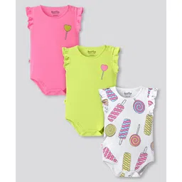 Bonfino 100% Cotton Knit Frill Sleeves Onesies With Candy Print Pack Of 3 - Pink, Off White & Green-picture-36
