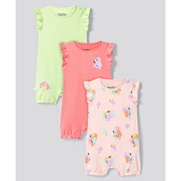 Bonfino 100% Cotton Knit Frill Sleeves Rompers with Birds Print Pack of 3 - Light Green Coral & Peach-picture-17