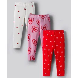 Bonfino 100% Cotton Knit Full Length Heart & Bow Printed Leggings Pack of 3 - Red Light Pink & White-picture-16