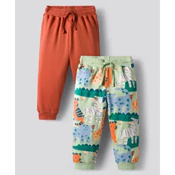 Bonfino 100% Cotton Knit Full Length Joggers with Animal Print Pack of 2 - Rust Orange & Light Green-picture-26