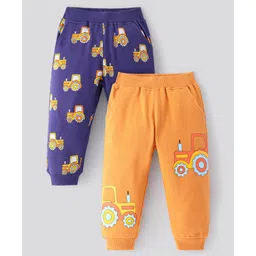 Bonfino 100% Cotton Knit Full Length Lounge Pants With Tractors Print Pack Of 2 - Navy & Orange-picture-33