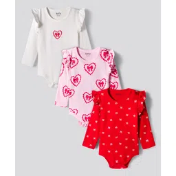 Bonfino 100% Cotton Knit Full Sleeves Bow & Heart Printed Onesies Pack of 3 - Light Pink White & Red-picture-37