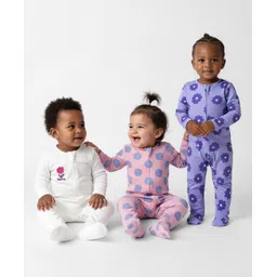Bonfino 100% Cotton Knit Full Sleeves Footed Sleepsuit With Floral & Polka Dot Print Pack Of 3 - White Pink & Lavender-picture-20