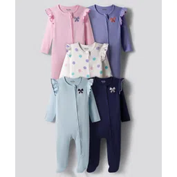 Bonfino 100% Cotton Knit Full Sleeves Footed Sleepsuit With Polka Dots & Bow Print Pack Of 5 - Multicolour-picture-29