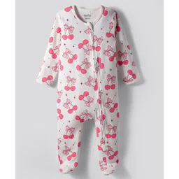 Bonfino 100% Cotton Knit Full Sleeves Front Open Footed Sleep Suit with Bow & Cherry Print - White-picture-19