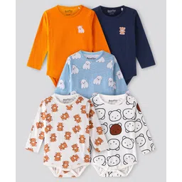 Bonfino 100% Cotton Knit Full Sleeves Onesies Bear Print Pack Of 5 - Orange & Blue-picture-21