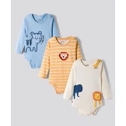 Bonfino 100% Cotton Knit Full Sleeves Onesies With Animal Print & Applique Pack of 3 - White Light Orange & Light Blue-picture-39