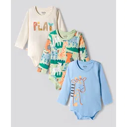 Bonfino 100% Cotton Knit Full Sleeves Onesies with Animal Print Pack Of 3 - Light Blue Green & White-picture-35