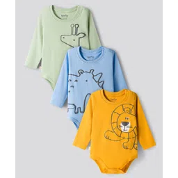 Bonfino 100% Cotton Knit Full Sleeves Onesies with Animal Print Pack Of 3 - Light Blue Olive Green & Yellow-picture-34