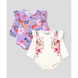 Bonfino 100% Cotton Knit Full Sleeves Onesies With Floral Print & Frill Detailing Pack Of 2 - White & Purple-picture-18