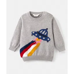 Bonfino 100% Cotton Knit Full Sleeves Pullover Sweater Spaceship Design - Grey-picture-38
