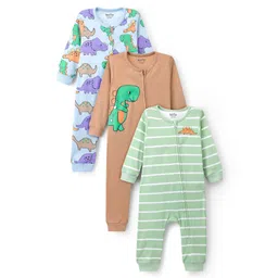 Bonfino 100% Cotton Knit Full Sleeves Romper With Dino Print Pack Of 3 - Green Brown & Blue-picture-37