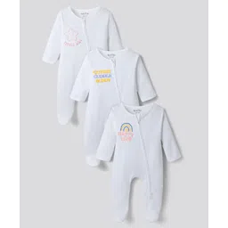 Bonfino 100% Cotton Knit Full Sleeves Sleepsuit With Text Embriodery Pack Of 3 - White-picture-18