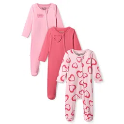 Bonfino 100% Cotton Knit Full Sleeves Sleepsuits with Heart & Text Print Pack of 3 - Pink-picture-30