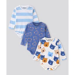 Bonfino 100% Cotton Knit Full Sleeves Striped & Bear Printed Onesies Pack Of 3 - Navy Blue & White-picture-28