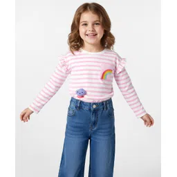 Bonfino 100% Cotton Knit Full Sleeves T-Shirt with Stripes & Rainbow Print - White & Pink-picture-18