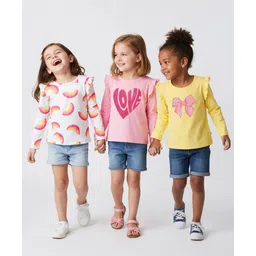 Bonfino 100% Cotton Knit Full Sleeves T-Shirts with Heart & Rainbow Print and Frill Detailing Pack of 3 - Yellow Pink & White-picture-31