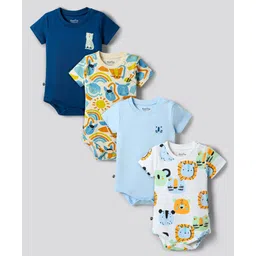Bonfino 100% Cotton Knit Half Sleeves Animal Printed Onesies Pack Of 4 - Multicolor-picture-28