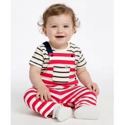 Bonfino 100% Cotton Knit Half Sleeves T-Shirt & Dungarees Set with Stripes - White Red & Grey-picture-12