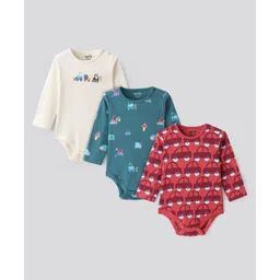 Bonfino Cotton Knit Half Sleeves Onesies with Cars Print Pack Of 3 - Green White & Red-picture-23