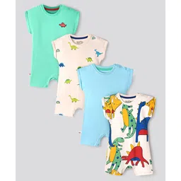 Bonfino Cotton Knit Half Sleeves Rompers with Dino Print Pack Of 4 - Light Green Peach & Light Blue-picture-18