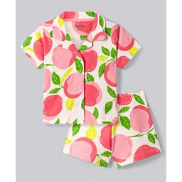 Bonfino Cotton Knit Half Sleeves Shorts Set with Tropical Print - Pink & White-picture-25
