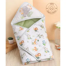 Bonfino Premium Organic Cotton Quilted Hooded Wrapper African Safari Print - Green & White-picture-16