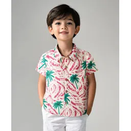 Bonfino Rayon Woven Half Sleeves Shirt with Palm Tree Print - Beige & Pink-picture-15