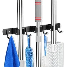 Boniry Broom Holder and Mop Organizer | Mop Holder For Wall Without Drilling with 3 Slots and 4 Hooks for Kitchen, Garage, Garden, and Utility | Space Saving Cleaning Tool Organizer (Black)-picture-30