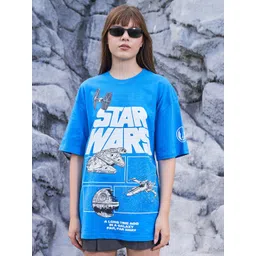 Bonkers Corner Blue Star Wars Printed Drop-Shoulder Longline Cotton Oversized T-shirt-picture-21