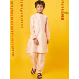BonOrganik Boys Band Collar Pure Silk Straight Kurta with Pyjamas-picture-30
