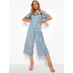 Boohoo Floral Frill Cold Shoulder Belted Jumpsuit-picture-34