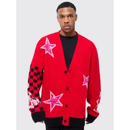 boohooMAN Star And Check Printed Relaxed Fit Knitted Acrylic Cardigan-picture-37