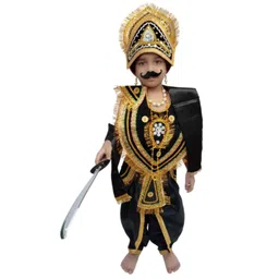 BookMyCostume Dussehra Theme Sleeveless Ravana Lankesh Kansa Costume Set With Kavach Kantha Kundal Haar & 1 Play Sword - Black & Golden-picture-12