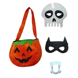 BookMyCostume Halloween Theme Skull Designed & Superhero Mask With Pumpkin Basket & Vampire Teeth Set - Orange-picture-10