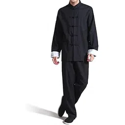 boow Men's Cotton Linen Kung Fu Suit Chinese Martial Arts Uniform Meditation Suit Roll-Up Sleeve Frog Button Shirt Pants Outfit-picture-46