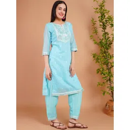 BOSARU Women Ethnic Motifs Embroidered Regular Thread Work Chanderi Silk Kurta with Trousers & With Dupatta-picture-11