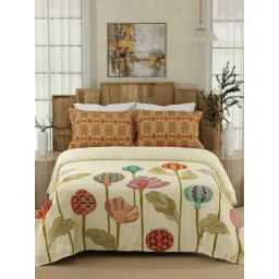 Boutique Living Gardenia Augusta Beige Cotton Floral 300 TC King Flat Bedsheet with 2 Pillow Covers-picture-17