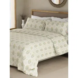 Boutique Living Indo Musk Beige & Yellow Cotton Floral 200 TC King Flat Bedsheet with 2 Pillow Covers-picture-26