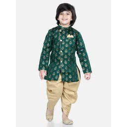 BownBee Boys Green Ethnic Motifs Printed Full Sleeve Jacquard Sherwani-picture-31