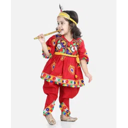 BownBee Full Sleeves Janmashtami Theme Krishna Costume Set - Red-picture-24