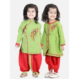 BownBee Girls Green & Red Cotton Embroidered Kurta with Dhoti Pants-picture-24