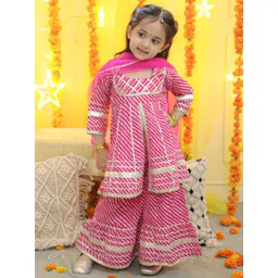 BownBee Girls Leheriya Printed Empire Gotta Patti Pure Cotton Kurta with Sharara & Dupatta-picture-28