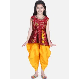 BownBee Girls Maroon & Yellow Woven Design Kurti with Dhoti Pants-picture-44