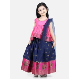 BownBee Girls Pink & Blue Flared Choli With Jacquard Lehenga & Dupatta-picture-21
