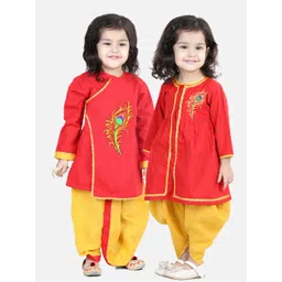 BownBee Girls Red Thread Work Pure Cotton Kurta with Dhoti Pants-picture-24